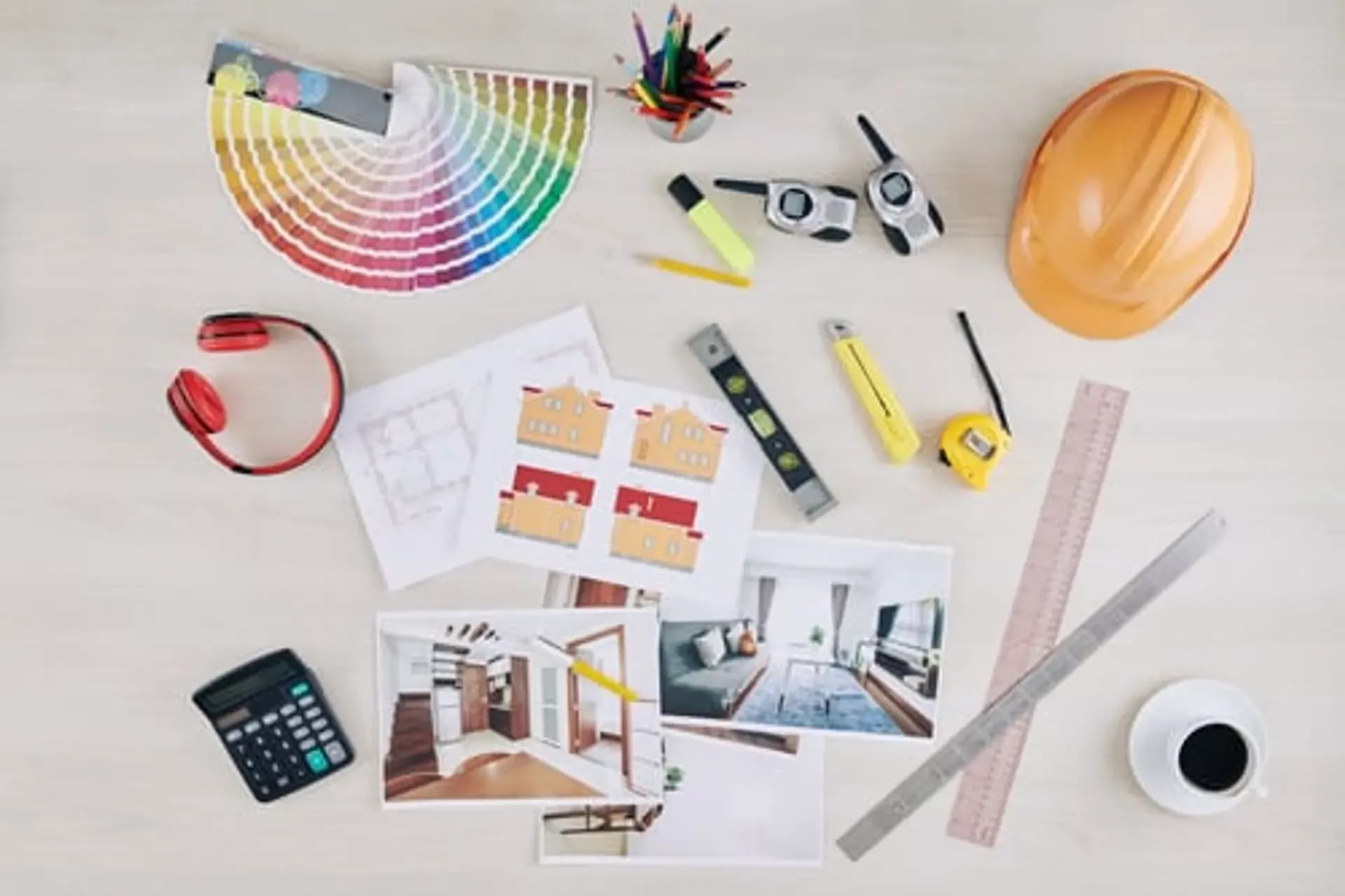 Renovation planning desk with color swatches, blueprints and measuring tools