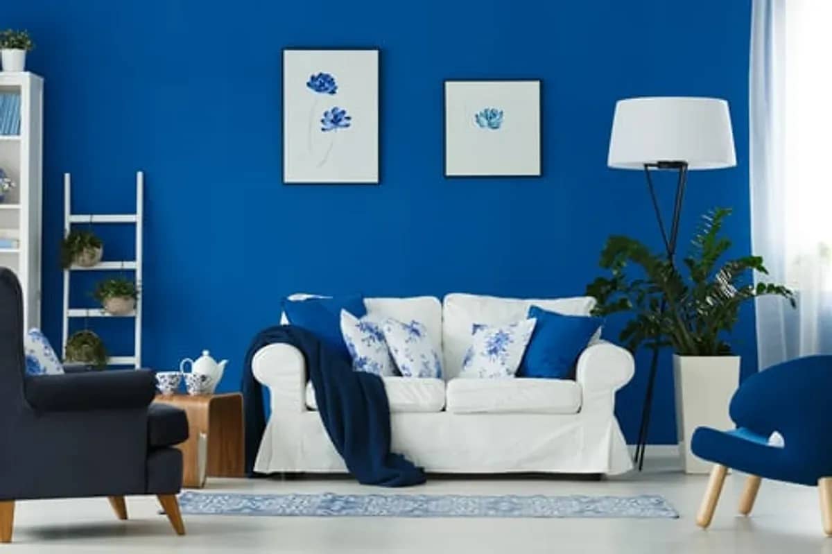 Freshly painted interior living room with deep blue accent wall in Fairfield County, CT
